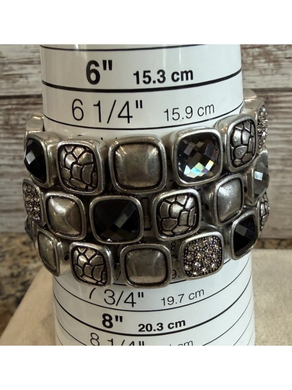 Chico's Silver Tone Wide  Bracelet Black Gray Square Crystal Rhinestone 7”